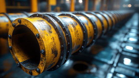Yellow pipes with rust stand in a factory, glistening in the early light of day.の素材