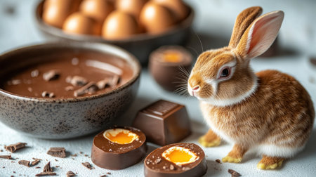 A small rabbit sits beside delicious chocolate eggs and treats in a warm kitchen.の素材