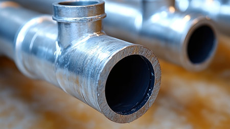 Shiny metal pipes showcase precision in manufacturing and engineering techniques.の素材