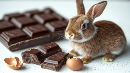 A playful rabbit relaxes next to chocolate pieces and empty egg shells in a sunny kitchen.の素材