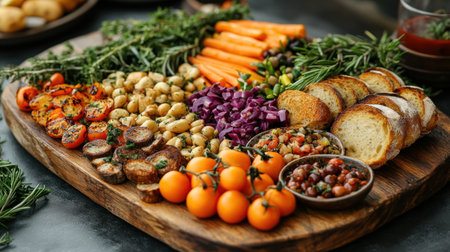 A tasty mix of grilled veggies, herbs, and crusty bread on a wooden board.の素材