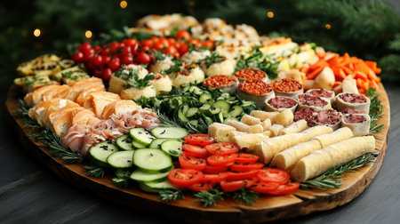 A colorful mix of fresh veggies and savory bites, beautifully arranged for guests.の素材