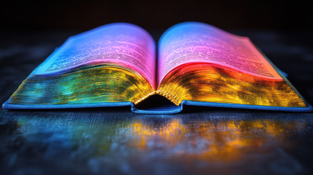 An open book rests on a dark surface, its pages radiating vibrant colors and a glow.の素材