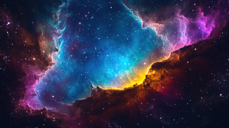 An enchanting cosmic nebula shines with vibrant colors in deep space, evoking wonder.の素材
