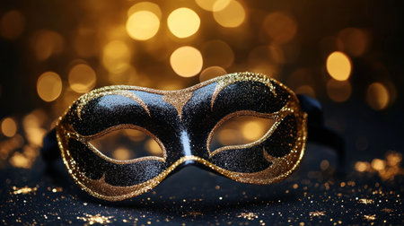 A black and gold mask sits on a dark surface, adorned with twinkling lights.の素材