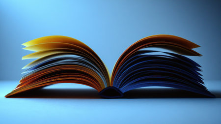 Colorful open book on a surface, highlighting its bright pages in soft light.の素材