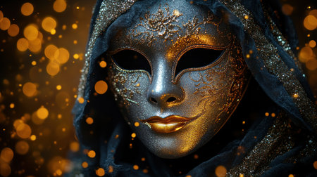 A beautifully crafted mask sparkles under the soft, warm lights.の素材