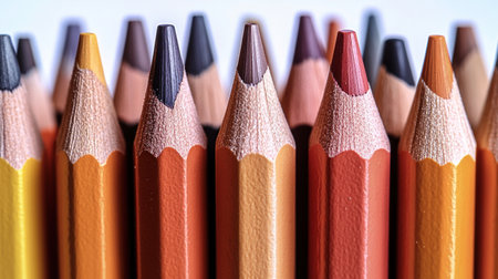 Vibrant pencils stand closely together, displaying a spectrum of colors perfect for art.の素材