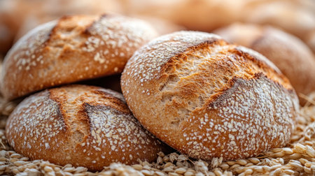 Warm, crusty bread rolls are arranged beautifully atop golden grains, inviting a taste.の素材