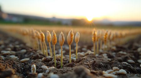 Sunrise casts a warm glow on newly sprouted wheat in a serene agricultural landscape.の素材