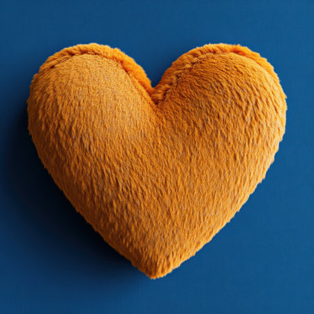 A fluffy, orange heart shaped cushion stands out against a rich blue backdrop.の素材