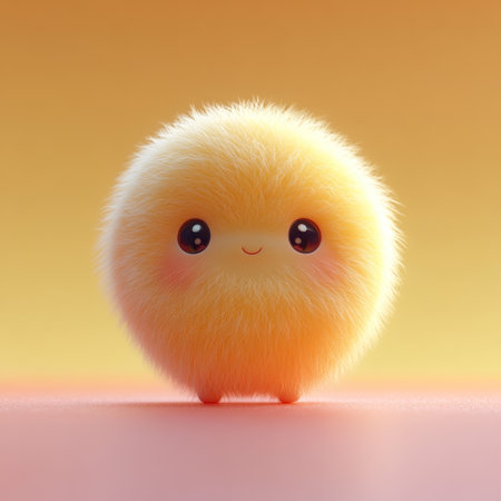 A cute fluffy yellow creature stands happily in a warm pastel setting, bringing joy.の素材