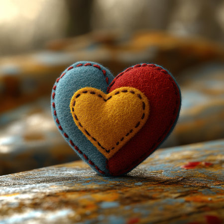 Colorful felt heart on a textured wooden background.の素材