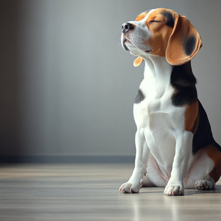 A relaxed beagle sits peacefully, soaking up the tranquil atmosphere indoors.の素材