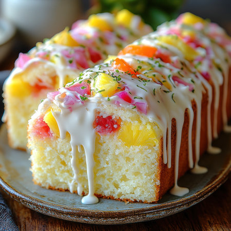 A moist cake topped with colorful fruits and sweet icing invites a bite.の素材