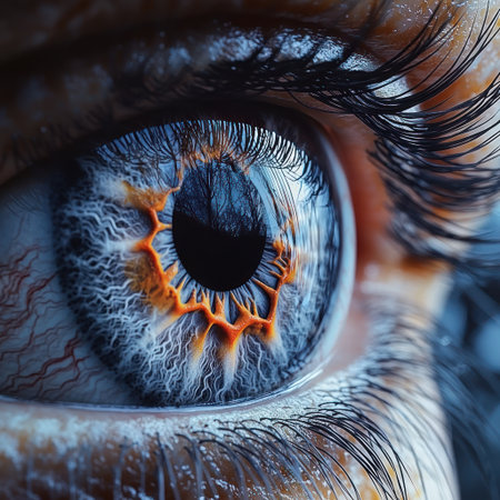 An eye displays vibrant colors and intricate patterns like flames and trees.の素材