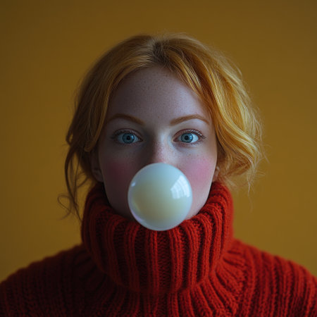 A young woman with striking blue eyes blows a large bubble in a vibrant setting.の素材