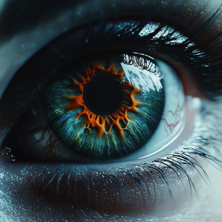 A striking close up reveals vivid colors and intricate patterns in a human eye.の素材