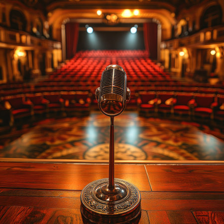 A classic microphone stands tall in an empty theater, ready for the next show.の素材