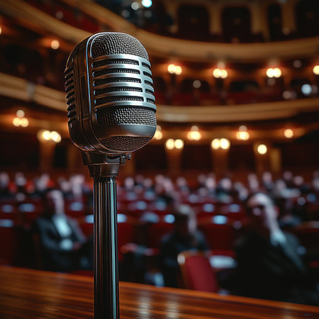 A vintage microphone awaits as an audience expects a captivating performance.の素材