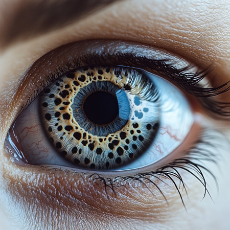 Close up of a human eye highlights its vivid colors and intricate patterns.の素材