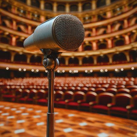 A classic microphone awaits on stage, surrounded by rich red seats and warm lighting.の素材