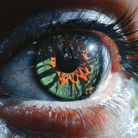 A striking human eye showcases an intricate blend of colors and reflections in nature.の素材