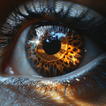 An eye glows orange, revealing intricate patterns and nature's reflections.の素材
