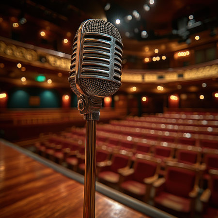 A vintage microphone waits on stage for performers to entertain the eager crowd.の素材