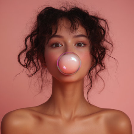 A young woman with curly hair blows a bubble gum bubble, smiling against pink walls.の素材