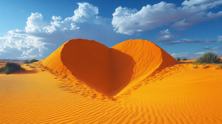 A stunning heart shaped dune rises out of the vibrant orange sand under a blue sky.の素材