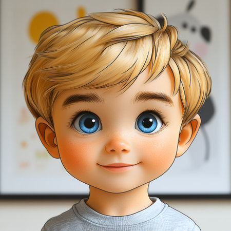 A joyful young child with big blue eyes smiles warmly in a bright room filled with art.の素材