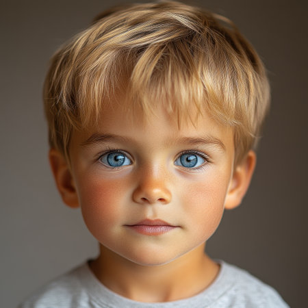 A young boy stands still, his bright blue eyes capturing attention in soft light.の素材