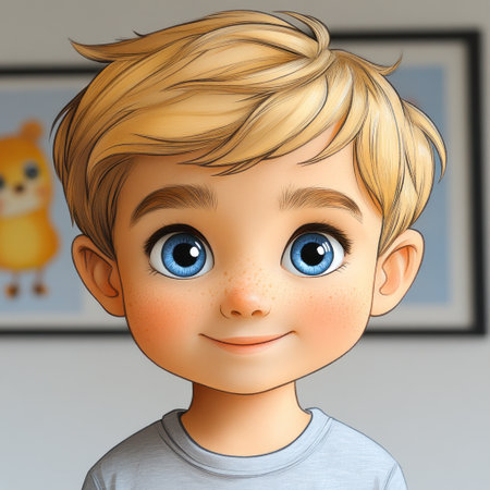 A young boy smiles warmly with striking blue eyes and tousled blonde hair while indoors.の素材