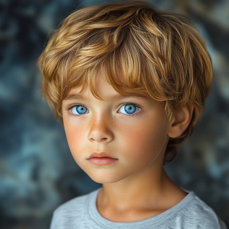 Young boy with bright blue eyes gazes thoughtfully, radiating charm and innocence.の素材
