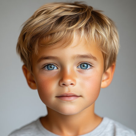 A young boy with striking blue eyes and tousled blond hair stars with curiosity.の素材