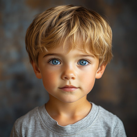 A curious young boy with messy blond hair and bright blue eyes gazes at the viewer.の素材