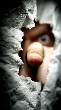 A finger and eye emerge through a ripped piece of paper, creating a sense of suspense.の素材