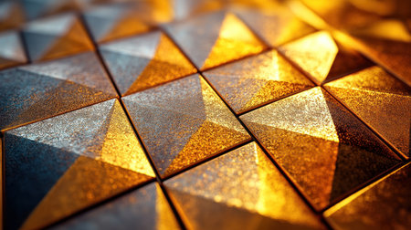 Golden triangular tiles reflect light, creating a stunning abstract design.の素材