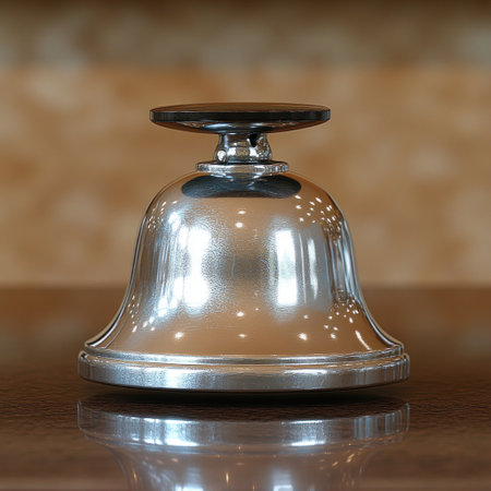 A polished service bell rests on a smooth wooden counter, reflecting warm light.の素材