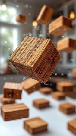 Wooden blocks hover enchantingly in the air, showcasing artful design in a warm room.の素材