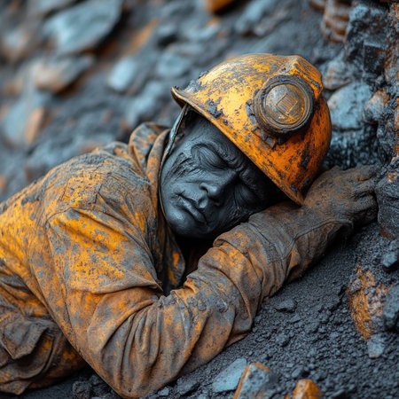 Tired miner rests on a coal heap in a dim mine, highlighting dedication.の素材