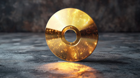 Golden disc stands upright, shimmering under soft light in a dark environment.の素材