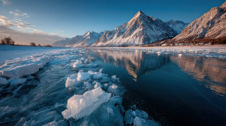 Majestic mountains tower over calm waters reflecting winter's beauty and ice.の素材