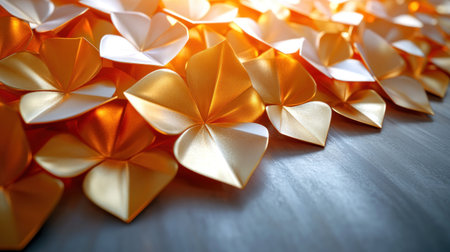 Golden paper petals scatter on a textured surface, glowing in warm sunlight.の素材