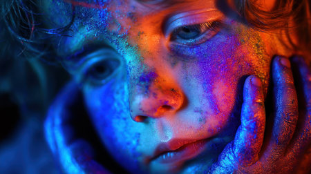 Child enjoying a colorful festival with bright powders covering their face and hands.の素材