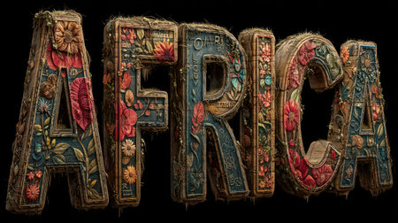Bold letters spell Africa, adorned with colorful flowers and intricate patterns.の素材