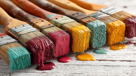 Colorful paint brushes display a variety of hues on a rustic wooden surface.の素材