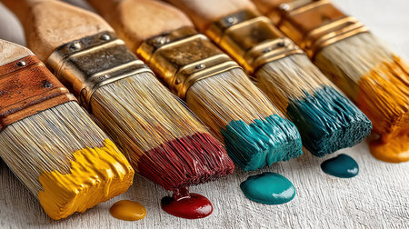 Colorful paintbrushes on a wooden surface showcase creative potential.の素材