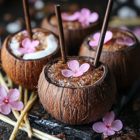 Delightful coconut dessert bowls filled with sweet treats and adorned with fresh flowers.の素材